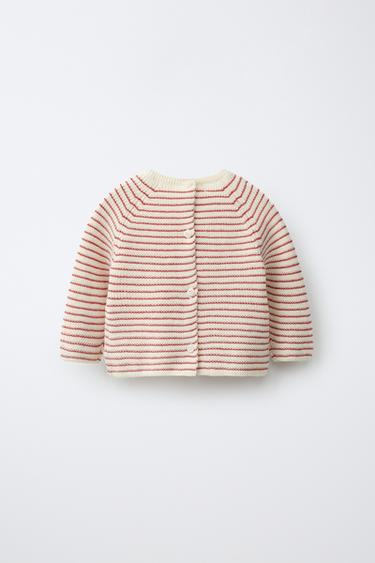 PULL EN MAILLE À RAYURES - Écru / Rouge de Zara - Image 1