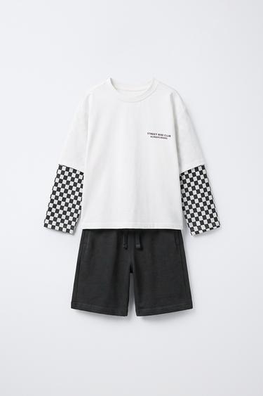 KOMPLET: KOSZULKA Z PODWÓJNYM RĘKAWEM I BERMUDY W KRATĘ - Ciemnoantracytowy Zara