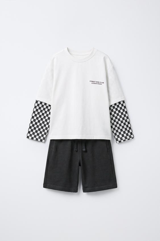 CONJUNTO CAMISETA DOBLE MANGA Y BERMUDA CUADRO DAMERO - Antracita oscuro de Zara - Imagen 0