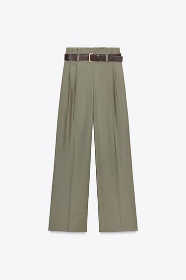 Zara PAPER BAG BELTED PANTS - Greenish