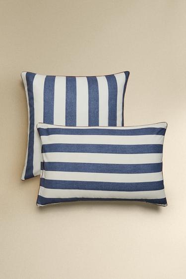 STRIPED WASHED COTTON PILLOWCASE - Blue by Zara