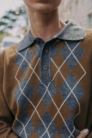 DIAMOND KNIT POLO SWEATER - Light brown by Zara - Image 3