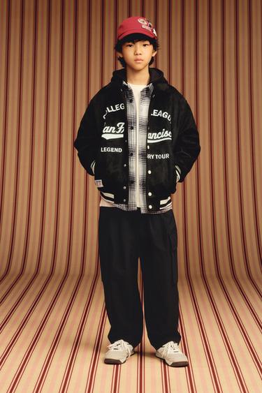 Zara 人造麂皮刺繡文字飛行員外套 - 黑色