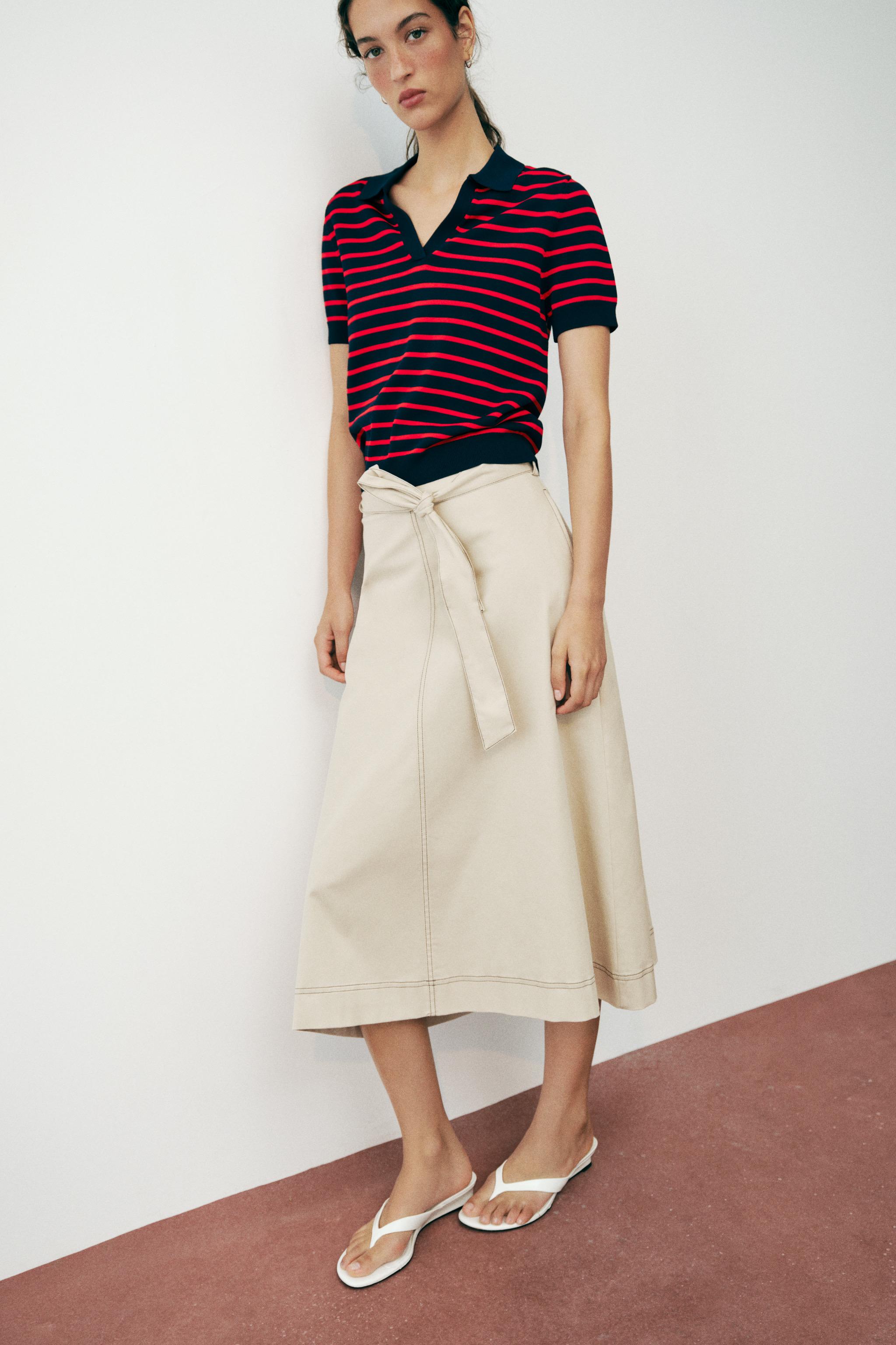 CONTRAST STITCH BELTED SKIRT