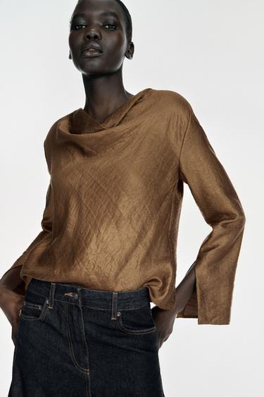 Zara SATIN EFFECT TOP WITH SLIT SLEEVES - Copper