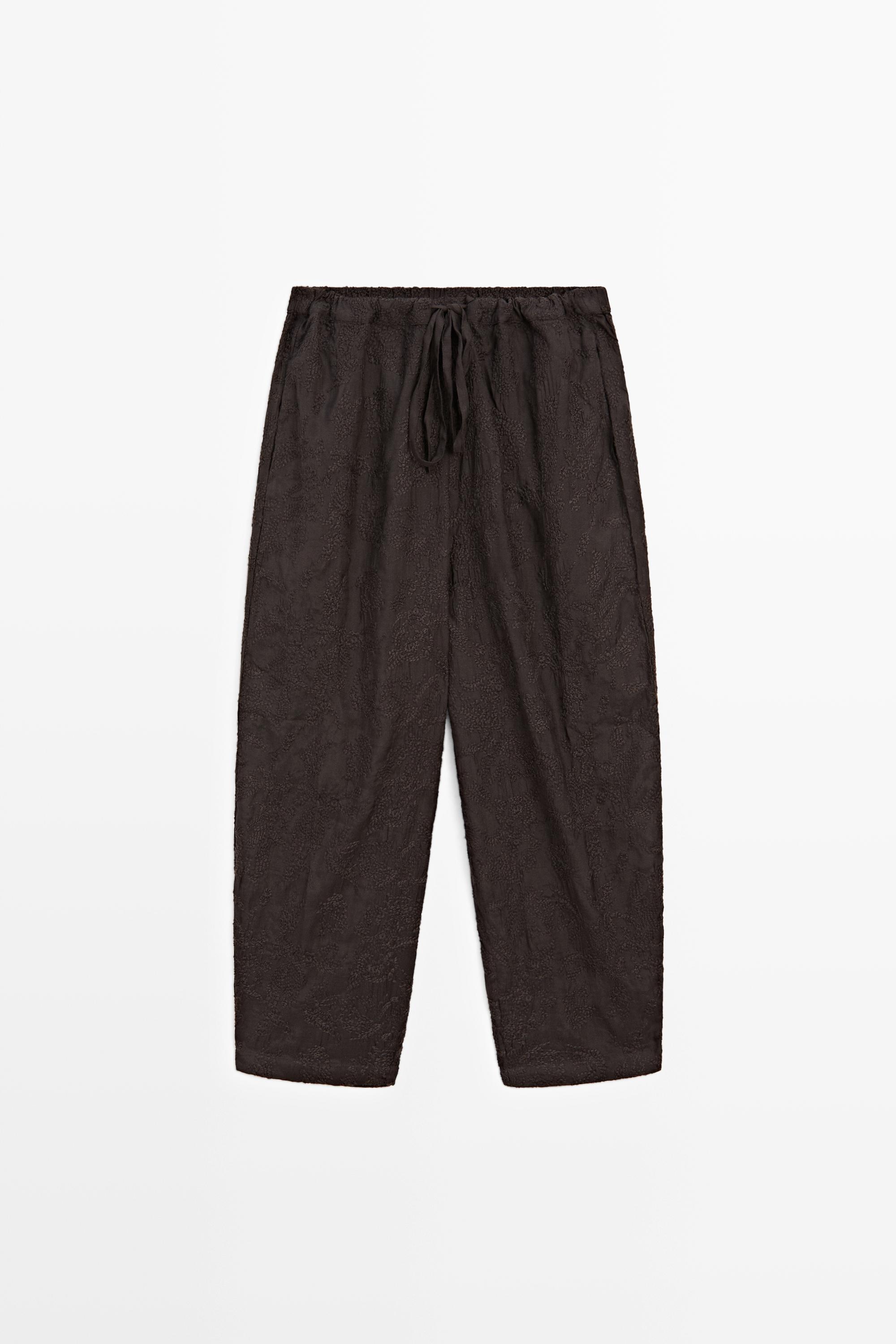 Embroidered flowing barrel fit trousers — Chocolate