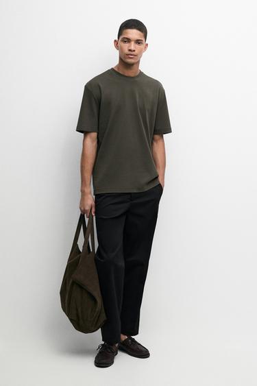 Zara Contrast neck short sleeve T-shirt - Dark khaki - Image 0