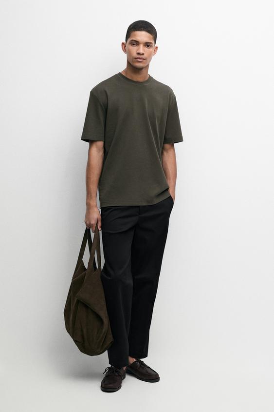Zara Contrast neck short sleeve T-shirt - Dark khaki - Image 0