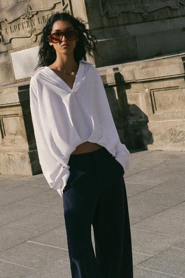 LINEN BLEND SHIRT WITH PUFF HEM - White by Zara - Image 4