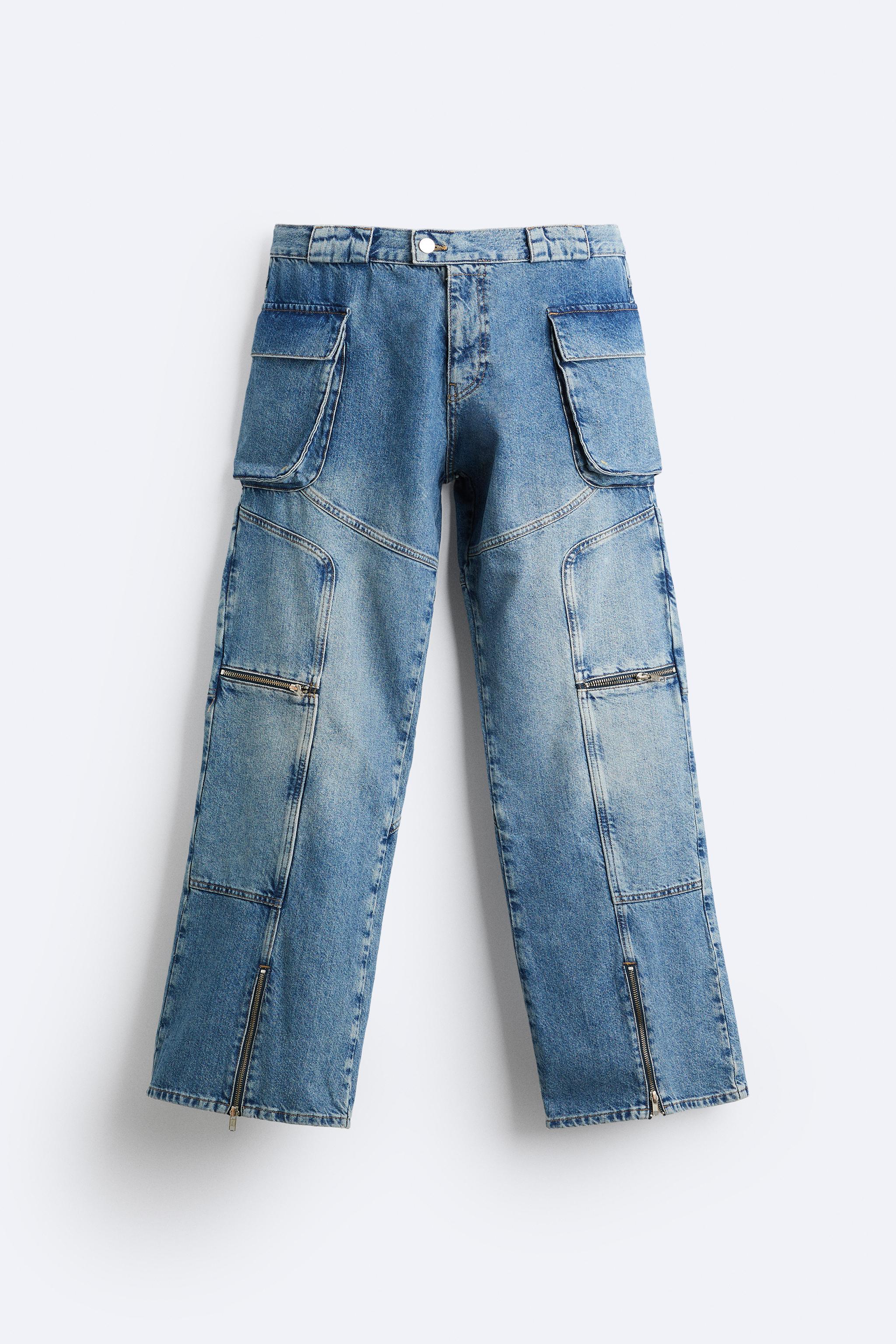 FLARED FIT CARGO JEANS - Blue