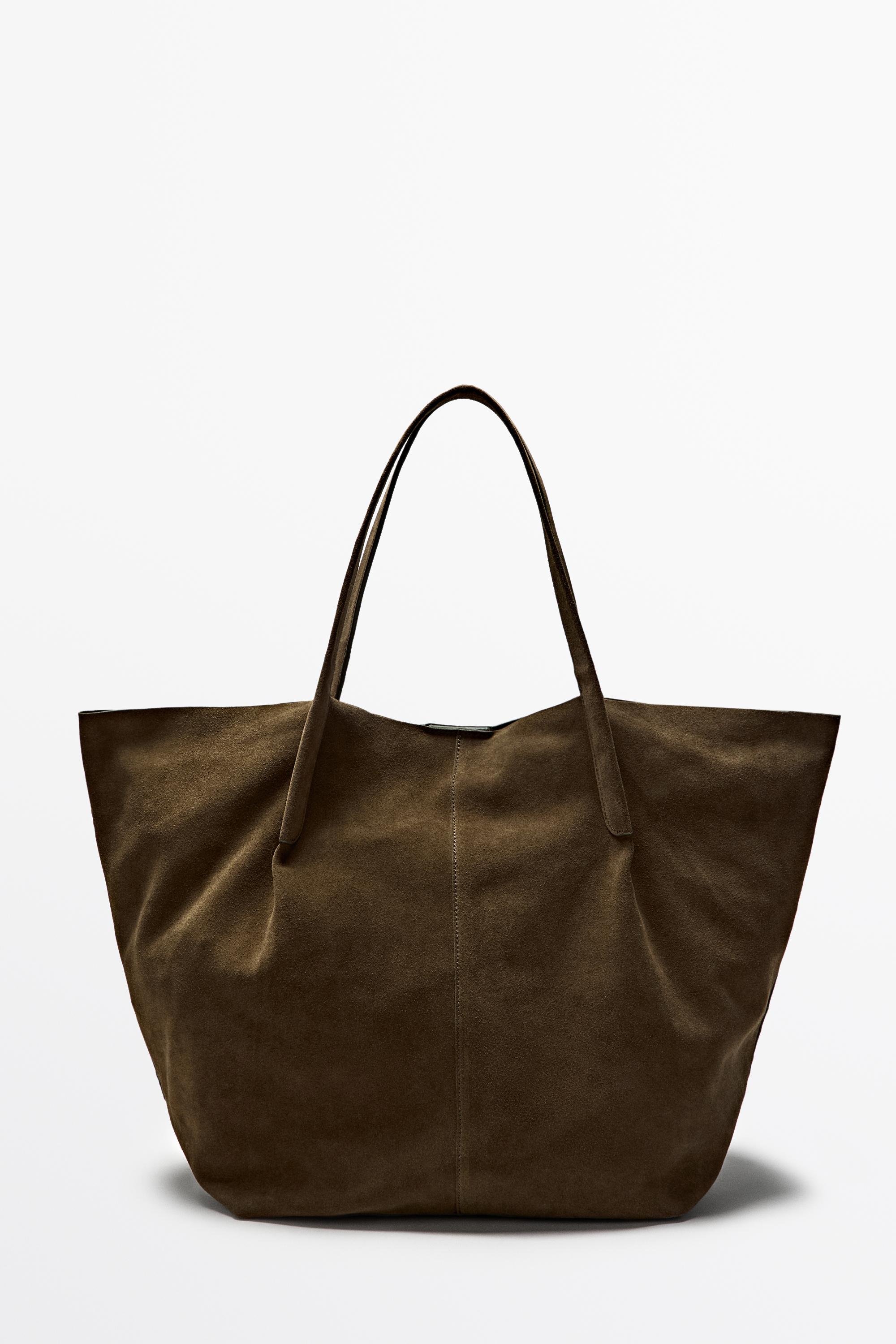 Split suede leather tote bag — Khaki