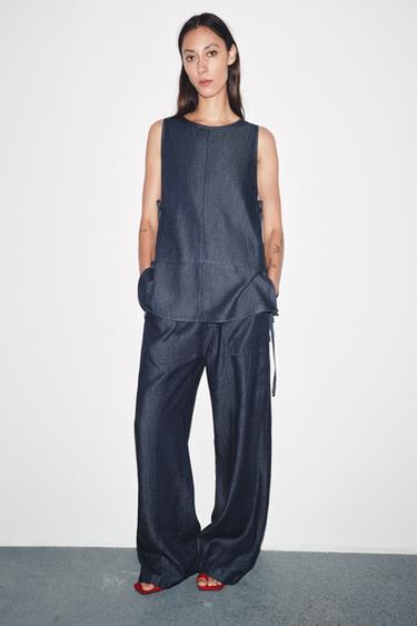 Zara ZW COLLECTION DENIM TIE TOP - Blue