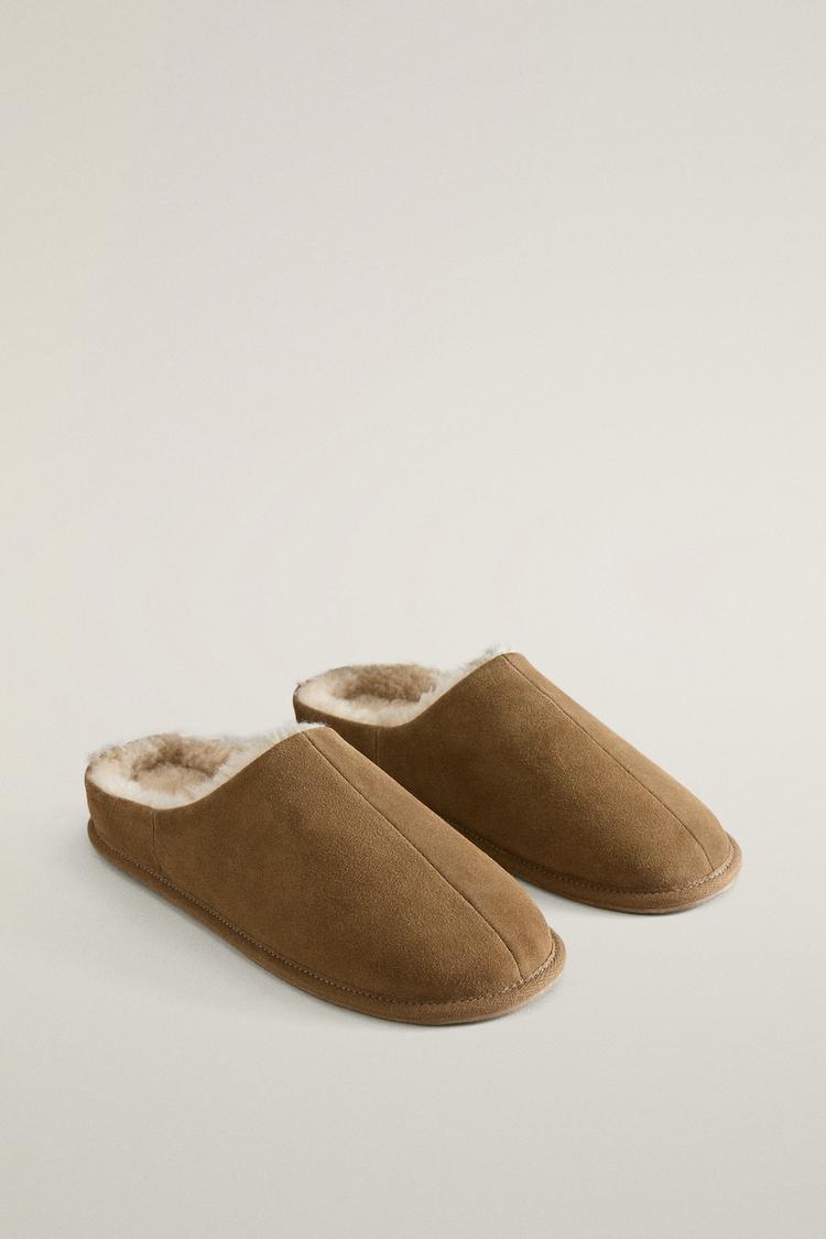 WARM LEATHER MULE SLIPPERS — Brown