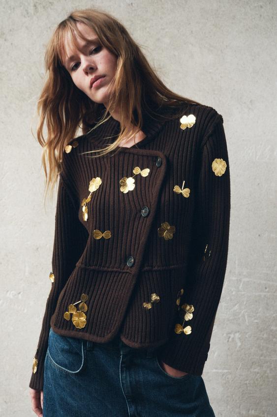 KNIT CARDIGAN WITH GOLD FLOWERS - Brown | ZARA Turkey