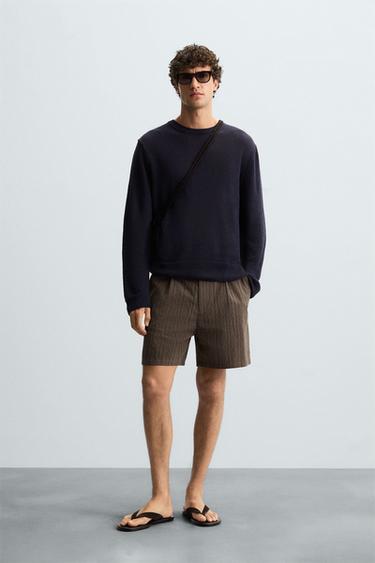 Zara 條紋標準版型百慕達短褲 - 棕色 - 圖片 0