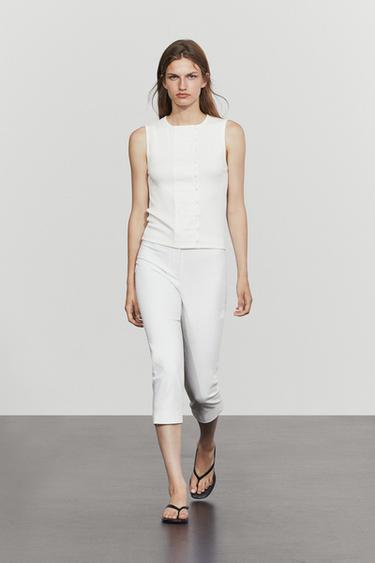 Zara Cotton blend bib detail T-shirt - Oyster-white - Image 0