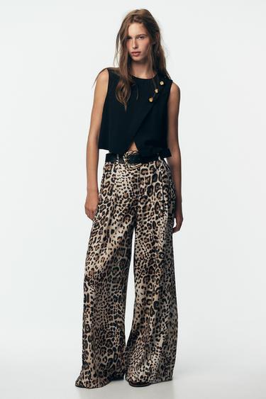 PANTALON LARGE SATINÉ CEINTURE - Leopard de Zara