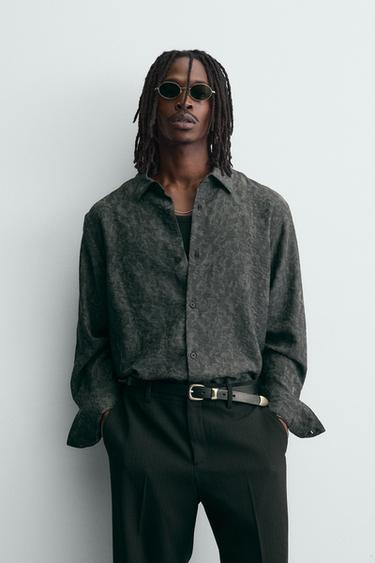 Zara FLOWY FLORAL JACQUARD SHIRT - Anthracite Gray