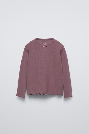 POINTELLE T-SHIRT WITH BOW - Aubergine by Zara