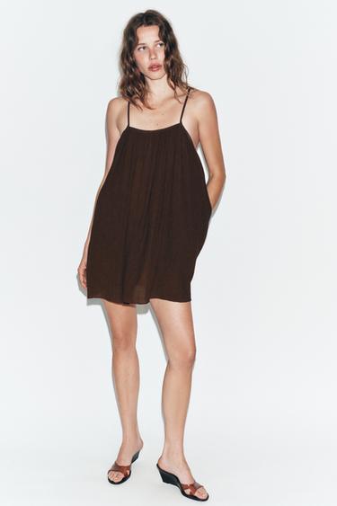 Zara MINI TEXTURED VOLUMINOUS DRESS - chocolate