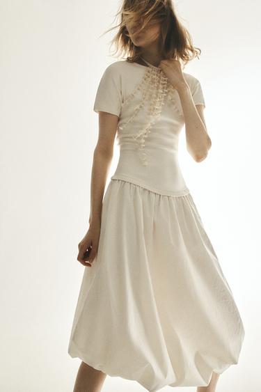Zara BALLOON COMBINATION DRESS - Ecru