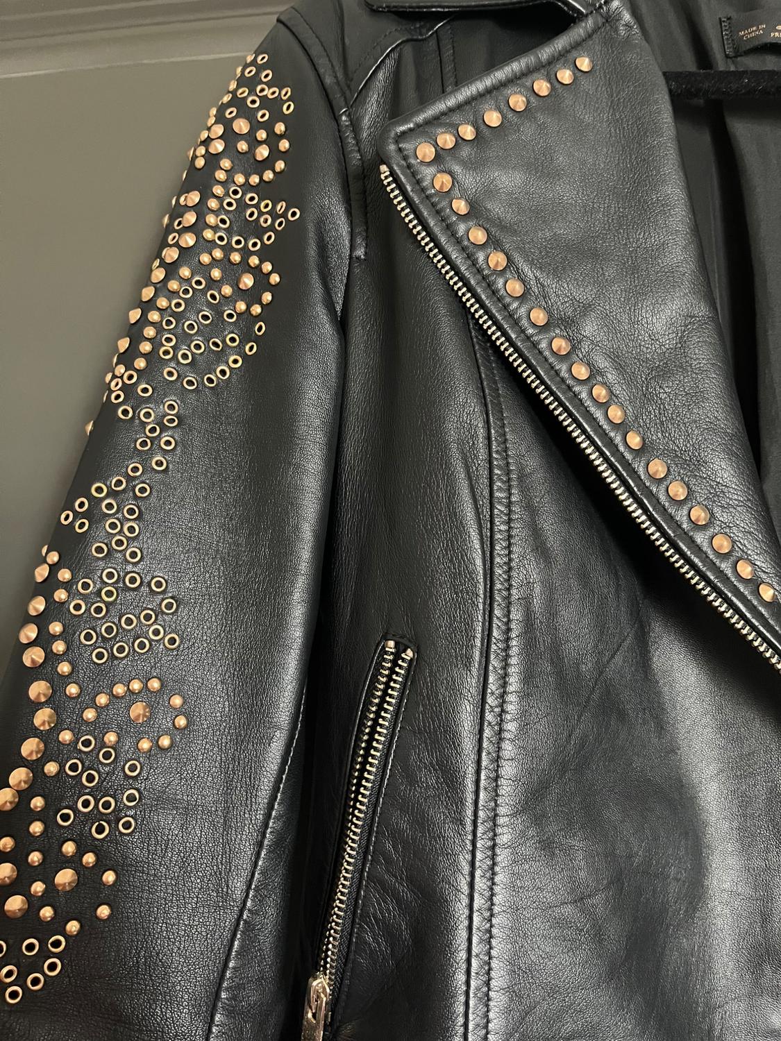 ZARA LAMBSKIN NAPA LEATHER BIKER JACKET ROCK STUD BUCKLE STRAP BLACK GOLD - Image 8