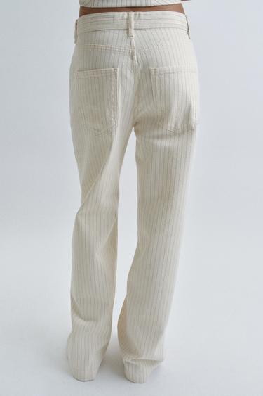 JEANS ZW COLLECTION WIDE LEG مخطط بخصر عالٍ - خَام الخاص بـ Zara