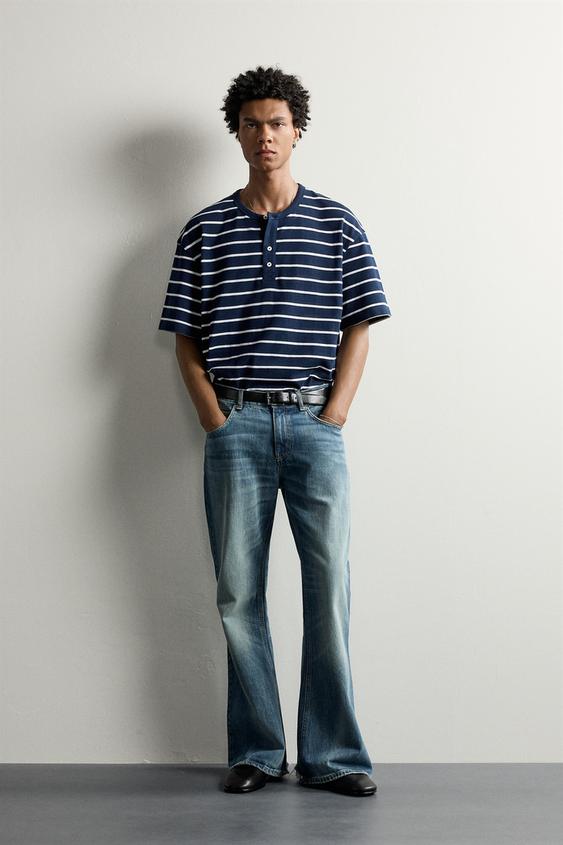 CAMISETA LISTRADA COM DECOTE DE BOTÕES - Azul da Zara - Imagem 0