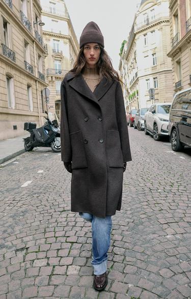 LONG MANTEAU À BOUTONNAGE CROISÉ AVEC LAINE - Marron de Zara - Image 3
