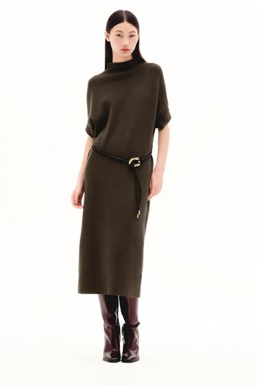 KNIT DRESS WITH BELT - Mink by Zara