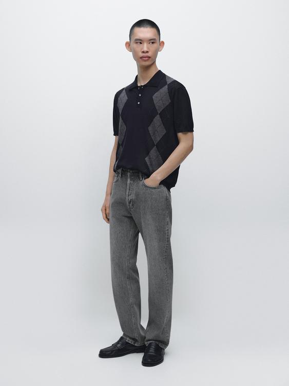 Merino wool blend argyle knit polo sweater