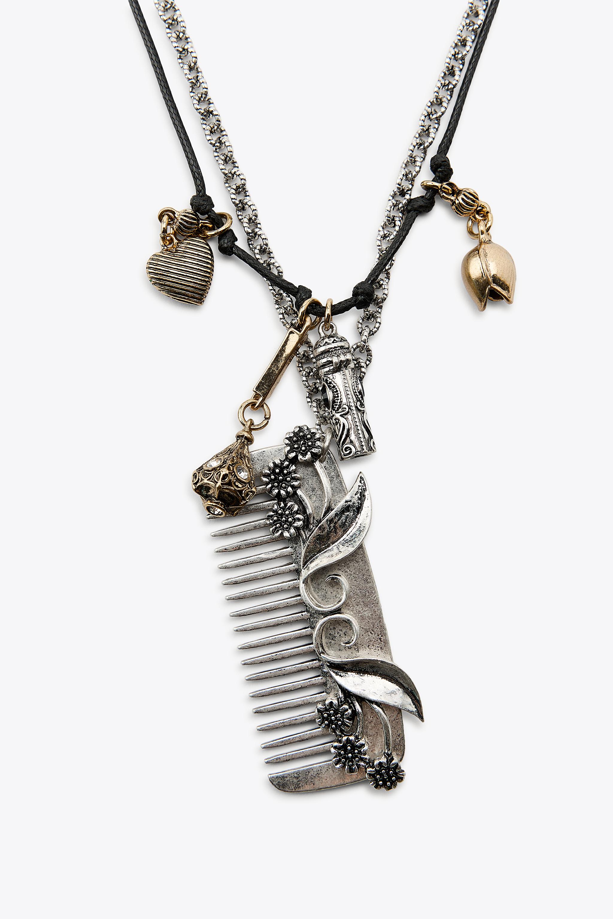 コーム＆チャーム付きネックレス 2本セット - シルバー | ZARA