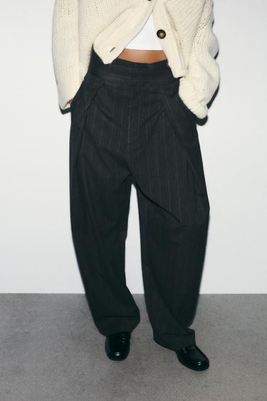 Zara PLEATED STRIPED BALLOON PANTS - Gray marl