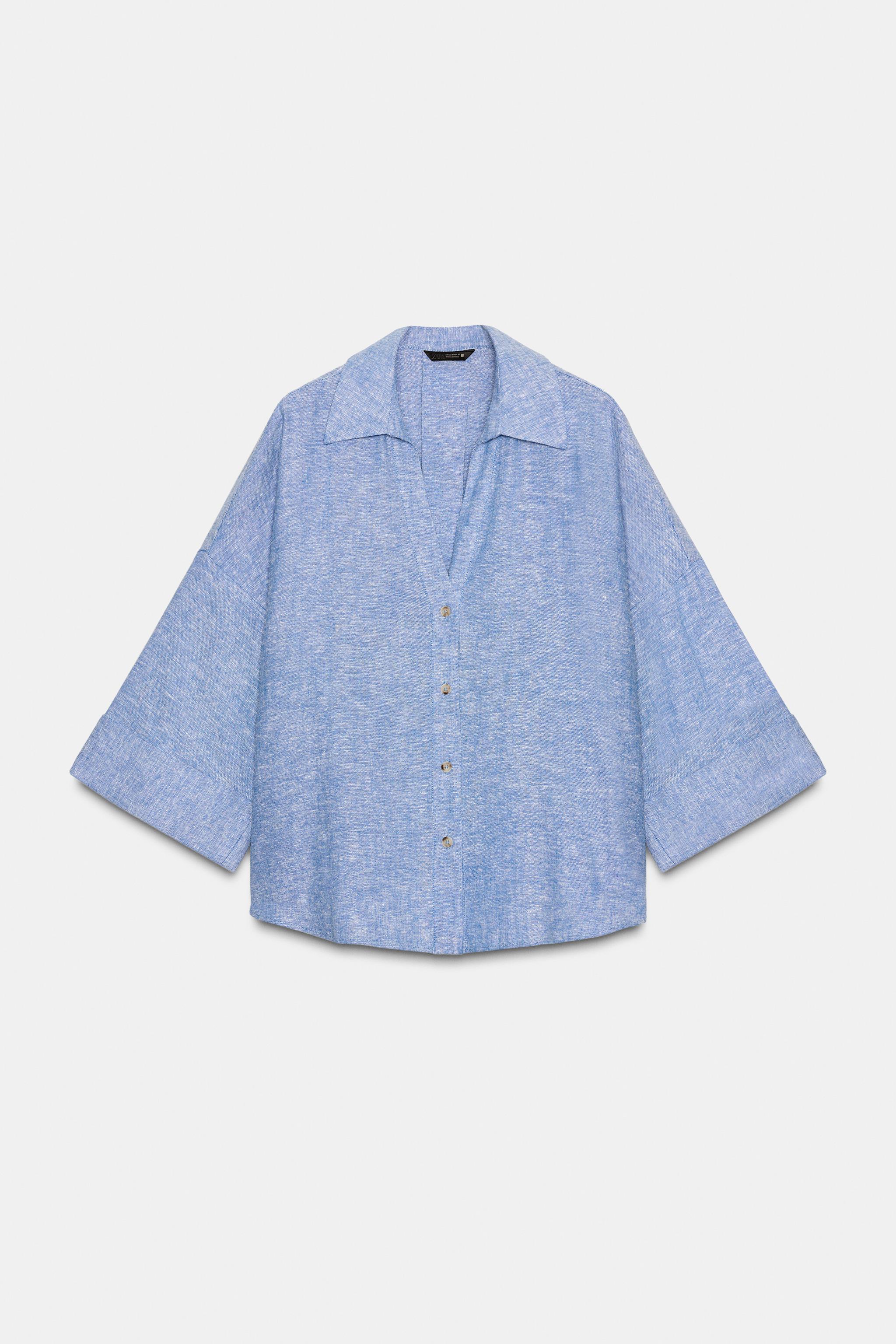 CAMISA COM LINHO DECOTE V - Azul-claro | ZARA Brasil