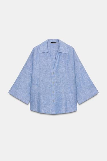 LINEN BLEND V-NECK SHIRT - Light blue by Zara