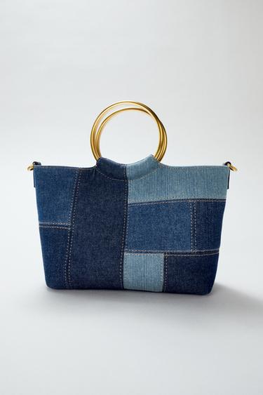 حقيبة توت باج صغيرة بتصميم رقعات - أزرق جينز الخاص بـ Zara