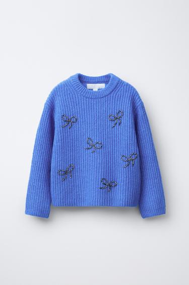 BEADED AND SPARKLY BOW KNIT SWEATER - Blue by Zara - Image 0