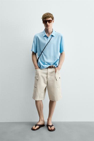 REGULAR FIT HERRINGBONE CARGO BERMUDA SHORTS - Sand by Zara - Image 0