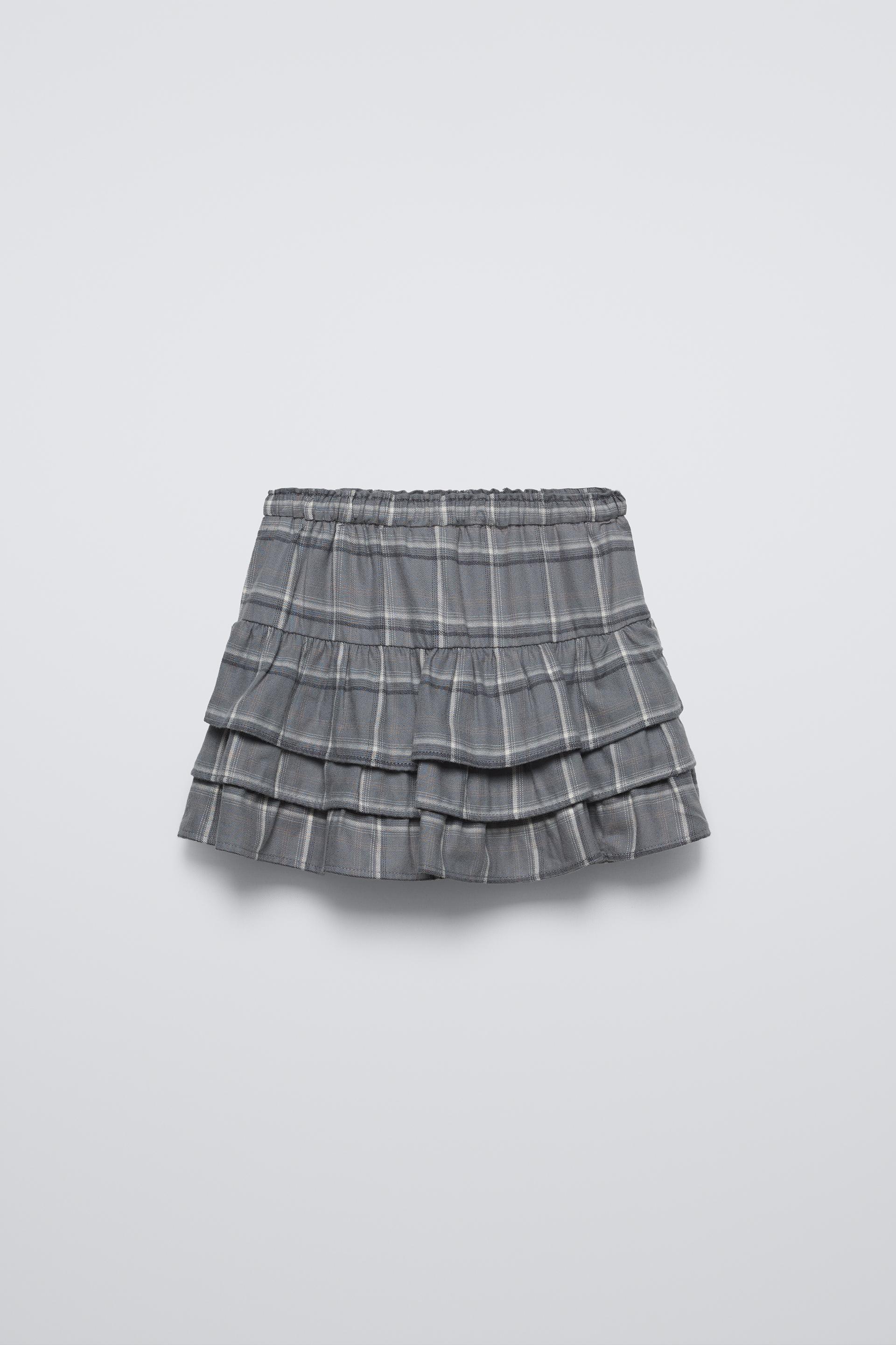 Skirt with elastic waistband and front drawstring appliques. Ruffle detail and plaid print. Light gray ZARA United States