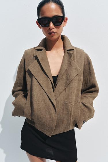 ZW COLLECTION LINEN POCKET BOMBER JACKET - Light brown by Zara