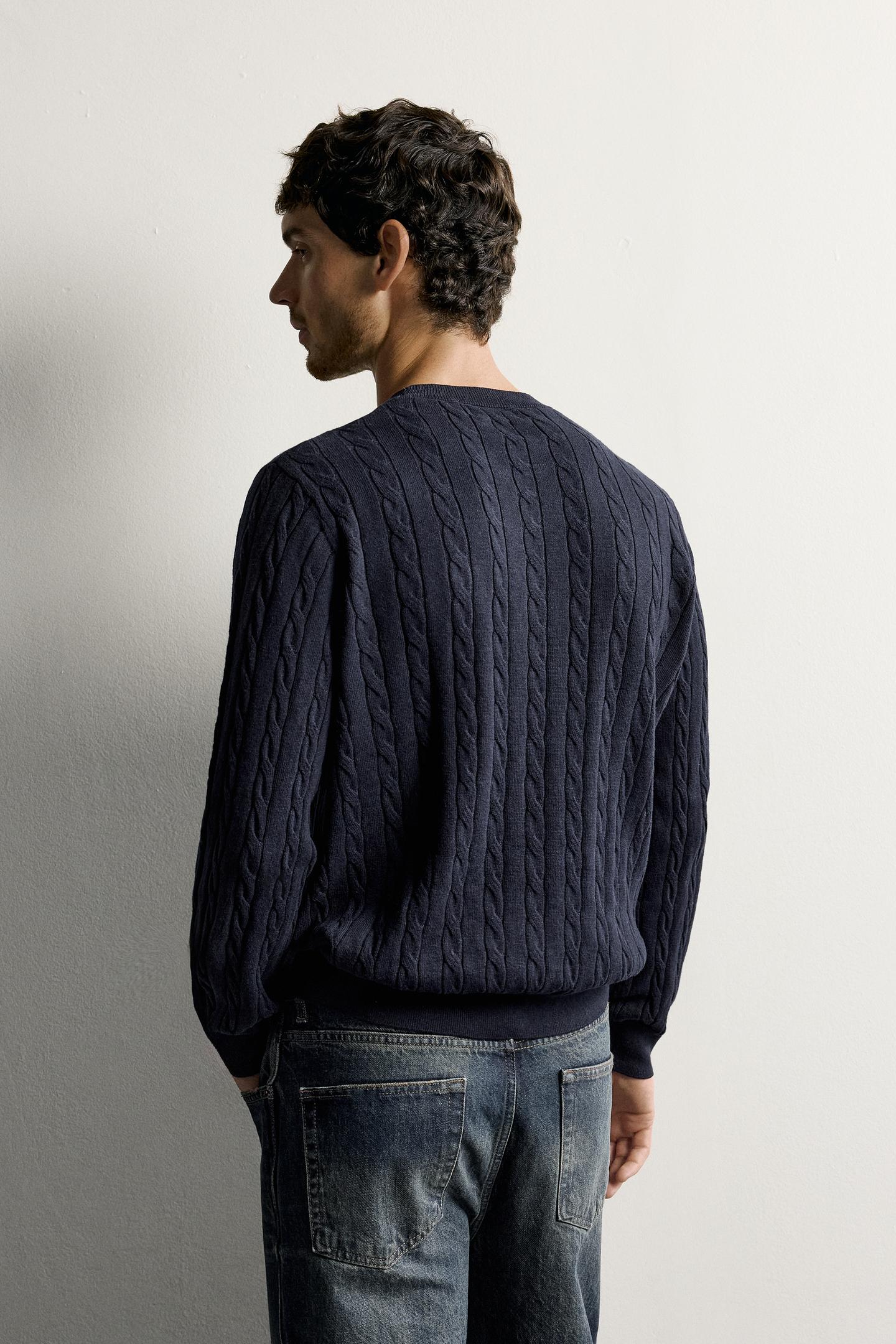 Мужской свитер Zara Cotton-Wool Cable Knit, цвет: Тёмно-синий — фото 3