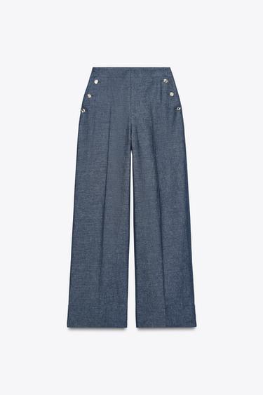 WIDE-LEG TROUSERS WITH BUTTONS AND LINEN - Light indigo by Zara - Image 6