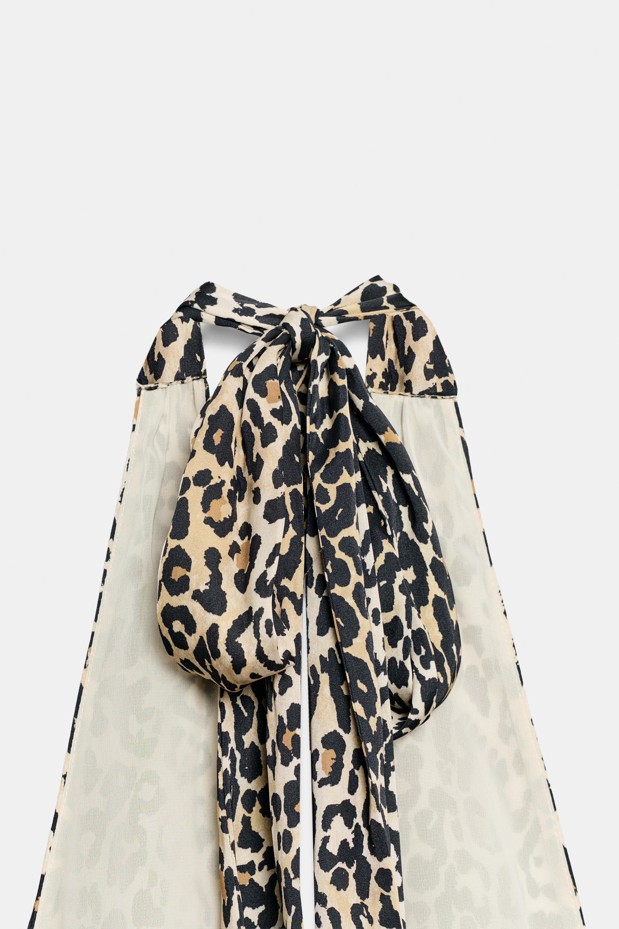 Zara Halter Yaka Leopar Desenli Saten Elbise görsel 8