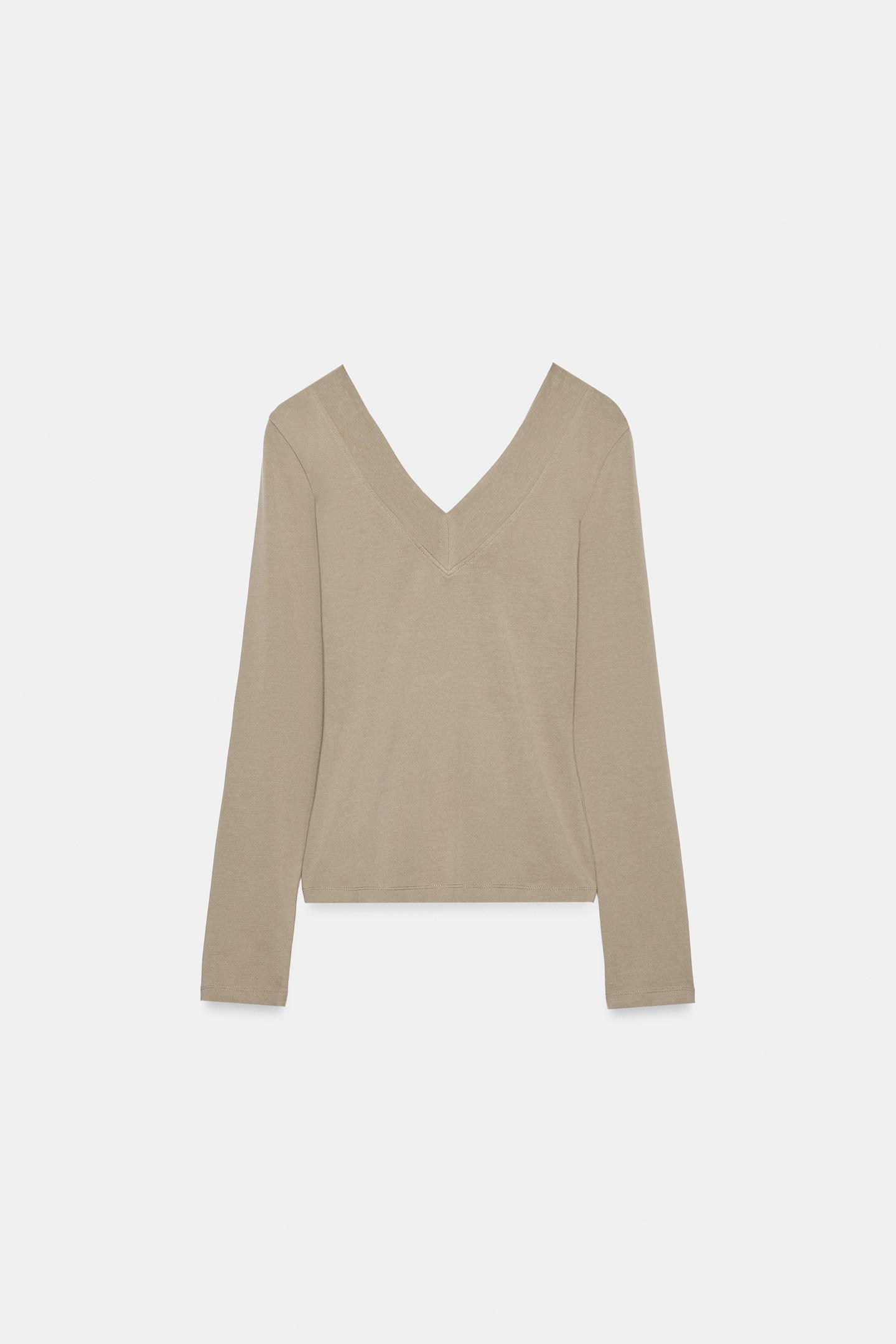 Женская футболка Zara V-NECK, цвет: Коричневый / Серо-коричневый — фото 1