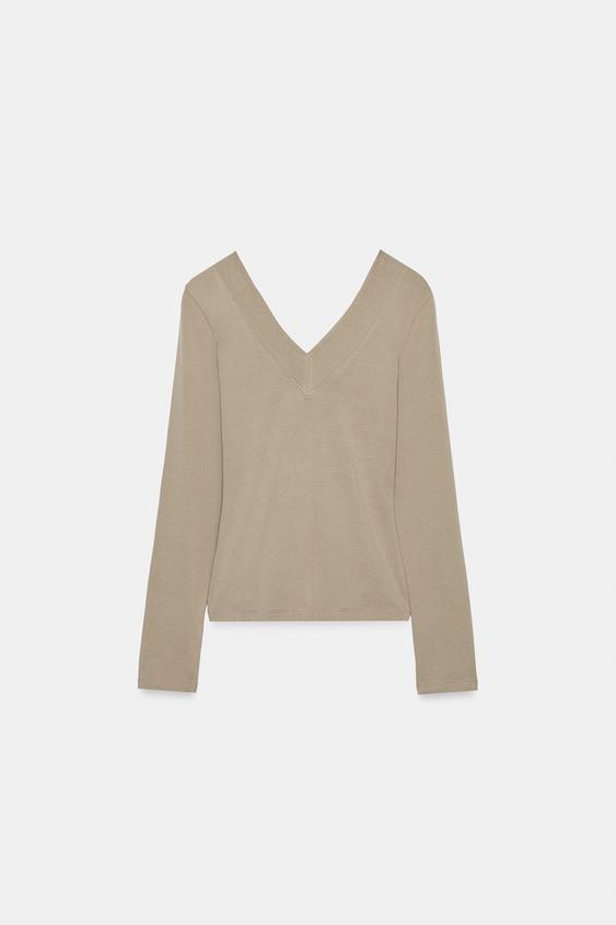 V-NECK T-SHIRT - Brown / Taupe by Zara - Image 0
