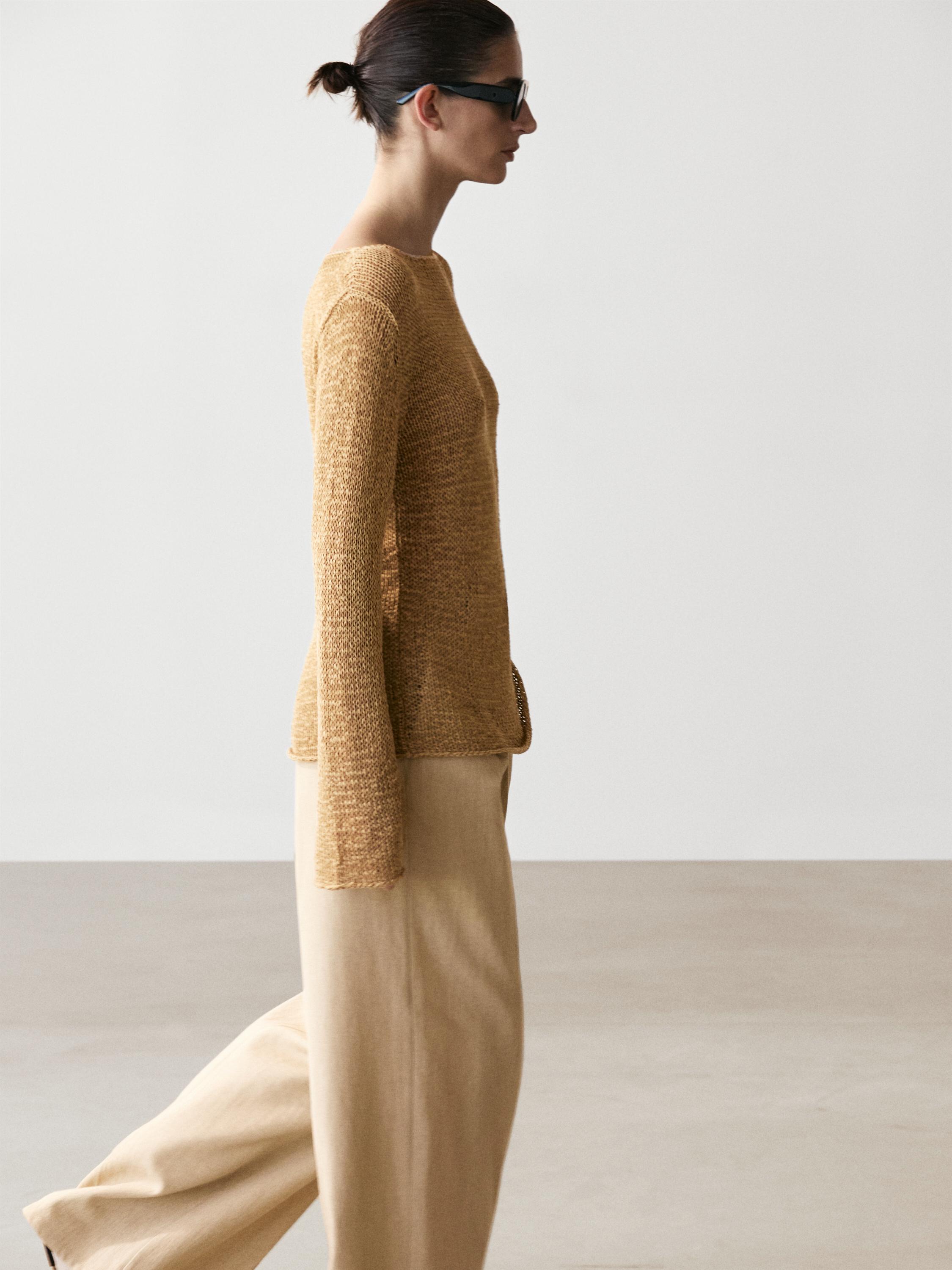 Cotton blend knit boat neck sweater