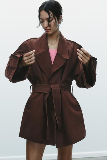 Zara OVERSIZED SUEDE SHORT TRENCH COAT - Brown