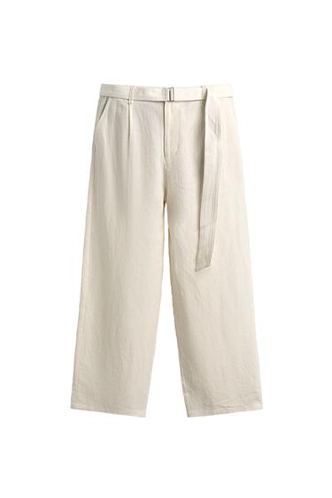 PANTALÓN RELAXED FIT 100% LINO CINTURÓN - Blanco roto de Zara