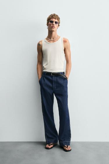 EMBROIDERED STRIPE JEANS - Indigo by Zara