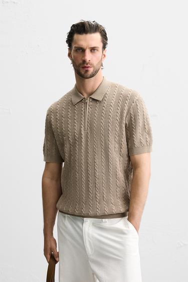 Zara CABLE KNIT POLO SHIRT - taupe brown
